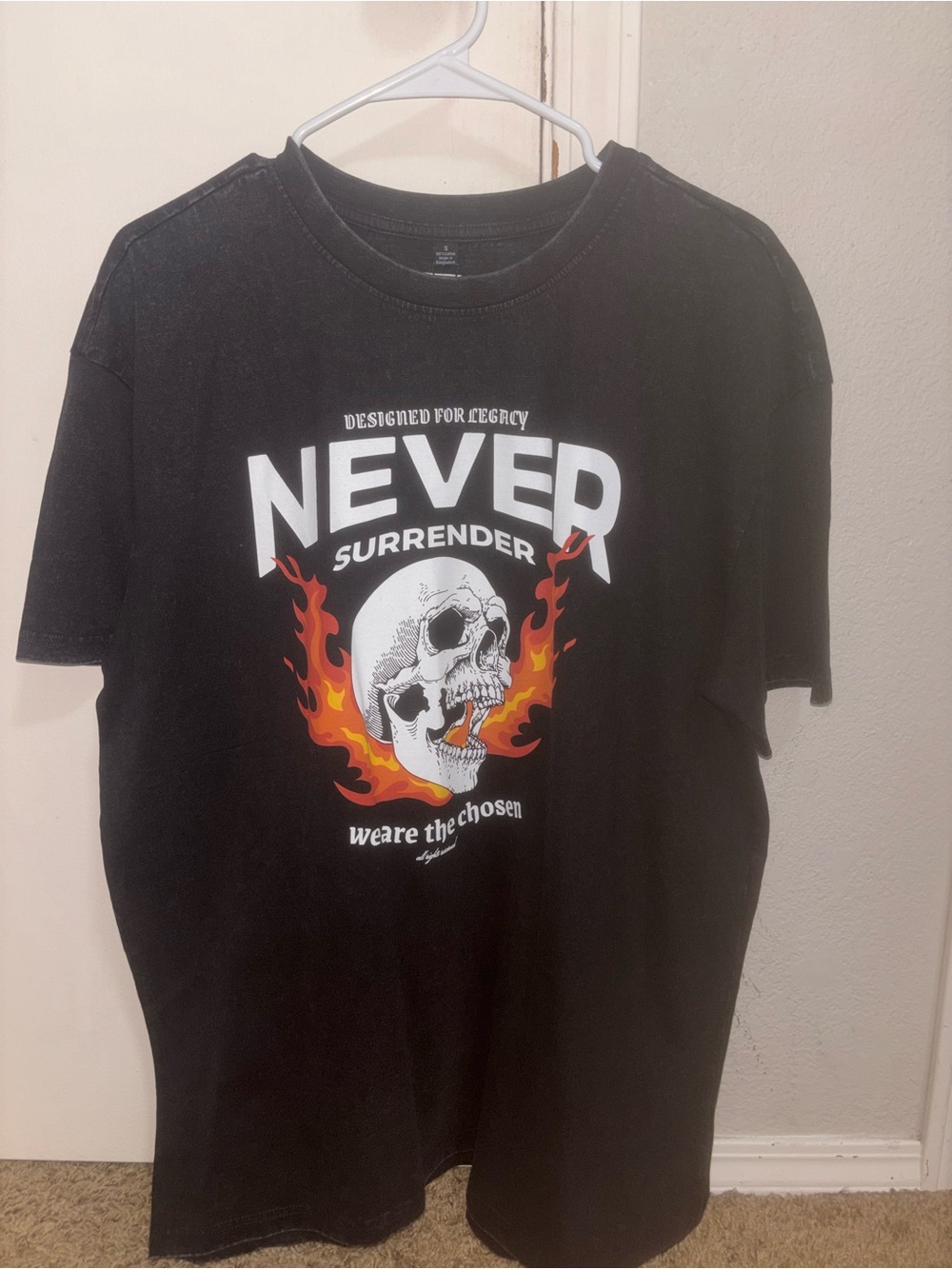 Hot Topic Black Never Surrender Skull Tee with Orange Flames